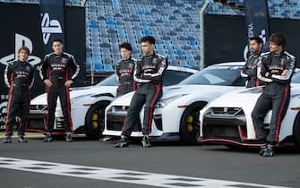 (l to r) Mariano Gonzales, Darren Barnet, Maximilian Mundt, Archie Madekwe, Harki Bhambra and Pepe Barroso Silva star in Columbia Pictures GRAN TURISMO.  Photo by: Gordon Timpen