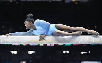 US' Simone Biles pictured at the balance beam during the women's qualifications on the second day of the Artistic Gymnastics World Championships, in Antwerp, Sunday 01 October 2023. The Worlds take place in Antwerp from 30 September to 08 October. BELGA PHOTO TOM GOYVAERTS (Photo by Tom Goyvaerts / BELGA MAG / Belga via AFP) (Photo by TOM GOYVAERTS/BELGA MAG/AFP via Getty Images)