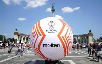 General view of a largge inflatable ball in Heroes' Square ahead of the UEFA Europa League Final at the Puskas Arena, Budapest. Picture date: Wednesday May 31, 2023.
