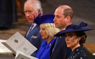 Britain's King Charles III (L), Britain's Camilla, Queen Consort (2L), Britain's Prince William, Prince of Wales (2R) and Britain's Catherine, Princess of Wales attend the Commonwealth Day service ceremony, at Westminster Abbey, in London, on March 13, 2023 to attend the Commonwealth Day service ceremony. (Photo by HANNAH MCKAY / POOL / AFP) (Photo by HANNAH MCKAY/POOL/AFP via Getty Images)
