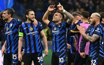 Inter Milan's players celebrate at the end of the match of the UEFA Champions League quarter-final 2st leg match between Inter Milan and FC Bayern Munich at the Giuseppe Meazza Stadium in Milan, Italy, 16 April 2025. ANSA/DANIEL DAL ZENNARO