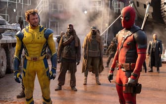 (L-R): Hugh Jackman as Wolverine/Logan and Ryan Reynolds as Deadpool/Wade Wilson in 20th Century Studios/Marvel Studios' DEADPOOL & WOLVERINE. Photo by Jay Maidment. © 2024 20th Century Studios / © and ™ 2024 MARVEL.