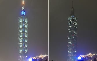 (COMBO) This combination of photographs shows Taipei 101, a 508-meter high commercial building, with the lights on and turned off during the Earth Hour environmental campaign in Taipei on March 25, 2023. (Photo by Sam Yeh / AFP) (Photo by SAM YEH/AFP via Getty Images)