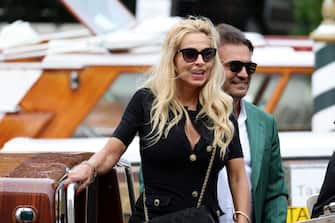 VENICE, ITALY - AUGUST 30: Gimmi Cangiano and Valeria Marini arrive at the Hotel Excelsior pier for the 80th Venice International Film Festival 2023 on August 30, 2023 in Venice, Italy. (Photo by Andreas Rentz/Getty Images)