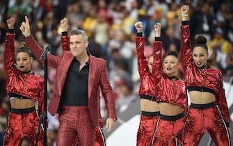 FIFA World Cup Russia 2018. Group A. Russia v Saudi Arabia at the stadium "Luzhniki". Famous singer Robbie Williams (center) during the performance at opening ceremony. June 14, 2018. Russia, Moscow. Photo credit: Dmitry Korotaev/Komemrsant/Sipa USA