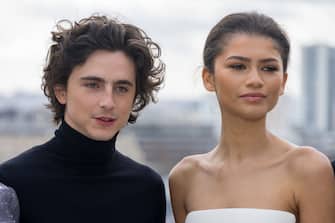 PARIS, FRANCE - FEBRUARY 12: (L-R) Timothee Chalamet and Zendaya Coleman attend the "Dune 2" Photocall at Shangri La Hotel on February 12, 2024 in Paris, France. (Photo by Marc Piasecki/Getty Images)