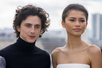 PARIS, FRANCE - FEBRUARY 12: (L-R) Timothee Chalamet and Zendaya Coleman attend the "Dune 2" Photocall at Shangri La Hotel on February 12, 2024 in Paris, France. (Photo by Marc Piasecki/Getty Images)