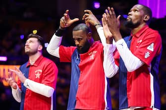 INDIANAPOLIS, INDIANA - FEBRUARY 18: LeBron James #23 of the Los Angeles Lakers and Western Conference All-Stars reacts prior to the start of the 2024 NBA All-Star Game at Gainbridge Fieldhouse on February 18, 2024 in Indianapolis, Indiana. NOTE TO USER: User expressly acknowledges and agrees that, by downloading and or using this photograph, User is consenting to the terms and conditions of the Getty Images License Agreement. (Photo by Stacy Revere/Getty Images)
