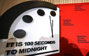 The Doomsday Clock reads 100 seconds to midnight, a decision made by The Bulletin of Atomic Scientists, during an announcement at the National Press Club in Washington, DC on January 23, 2020. - President and CEO of the non-profit group Rachel Bronson said "It is the closest to Doomsday we have ever been in the history of the Doomsday Clock." The clock was created in 1947. (Photo by EVA HAMBACH / AFP) (Photo by EVA HAMBACH/AFP via Getty Images)