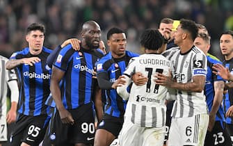 Players of Juventus and Inter argue at the end of the semi-final first leg of Coppa Italia soccer match Juventus FC vs Inter FC at the Allianz Stadium in Turin, Italy, 04 April 2023.
ANSA/ALESSANDRO DI MARCO