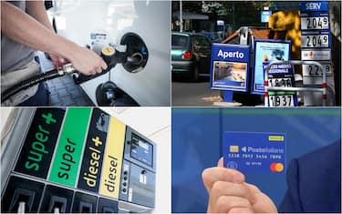 rifornimento di benzina, cartelli ad una stazione di rifornimento, pompe di benzina e una social card