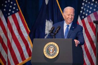 COLUMBIA, SOUTH CAROLINA - JANUARY 27: US President Joe Biden speaks to a crowd during the South Carolina Democratic Party First in the Nation Celebration and dinner at the state fairgrounds on January 27, 2024 in Columbia, South Carolina. South Carolina holds its Democratic  party primary on February 3. (Photo by Sean Rayford/Getty Images)