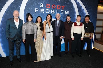 LONDON, ENGLAND - MARCH 20: Liam Cunningham, Zine Tseng, Jess Hong, Eiza GonzÃ¡lez, Sir Jonathan Pryce, John Bradley, Alex Sharp and Benedict Wong attend the "3 Body Problem" Special Screening at Frameless on March 20, 2024 in London, England. (Photo by Mike Marsland/WireImage) (Photo by Mike Marsland/WireImage)