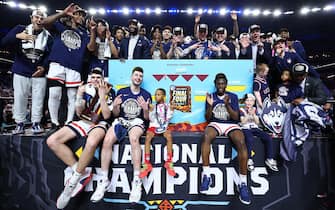 GLENDALE, ARIZONA - APRIL 08: Connecticut Huskies celebrates during the second half in the NCAA Men's Basketball Tournament National Championship game at State Farm Stadium on April 08, 2024 in Glendale, Arizona. (Photo by Jamie Schwaberow/NCAA Photos via Getty Images)