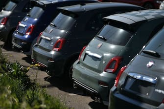 Brand new Fiat cars are seen on the forecourt of a car dealership in Dartford, east of London on May 5, 2020. - Sales of new cars in Britain plunged 97 percent in April, striking the lowest level since 1946, as coronavirus fallout slams the brakes on economic output, data revealed Tuesday. (Photo by Daniel LEAL / AFP) (Photo by DANIEL LEAL/AFP via Getty Images)