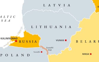 Suwalki Gap, political map. Also known as the Suwalki Corridor, the border starting from the Russian exclave Kaliningrad Oblast to Belarus,  between Lithuania and Poland, near the Polish town Suwalki.
