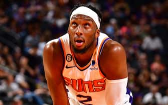 PHOENIX, AZ - OCTOBER 12: Josh Okogie #2 of the Phoenix Suns looks on during the game against the Sacramento Kings on October 12, 2022 at Footprint Center in Phoenix, Arizona. NOTE TO USER: User expressly acknowledges and agrees that, by downloading and or using this photograph, user is consenting to the terms and conditions of the Getty Images License Agreement. Mandatory Copyright Notice: Copyright 2022 NBAE (Photo by Barry Gossage/NBAE via Getty Images)