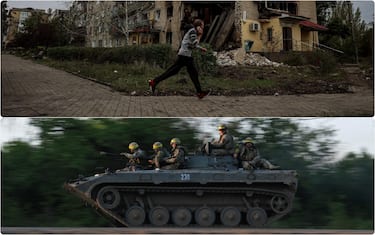 Bakhmut distrutta e soldati russi (collage) 