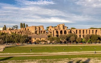 The Domitian’s Palace on Palatine Hill overlooking Circus Maximus,an ancient Roman chariot racing stadium and entertainment venue in Rome, Italy