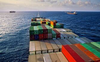 Panamax ship, reaching Colon to pass the Canal, Atlantic Ocean,Panama Canal, Panama, Central America, Latin America.