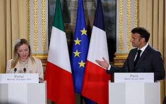 French President Emmanuel Macron and Italy's Prime Minister Giorgia Meloni deliver remarks at the Elysee Palace in Paris, on June 20, 2023. (Photo by Ludovic MARIN / AFP) (Photo by LUDOVIC MARIN/AFP via Getty Images)