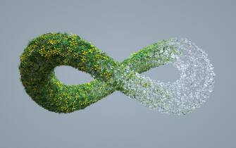 Digital generated image of green infinity sign made out of leaves and flowers transforming into water drops on grey background. Biofuel transformation process.