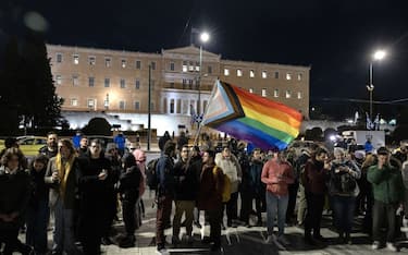 Protesters during a rally in favor of the same-sex marriage bill in front of the parliament building in Syntagma Square in Athens, Greece, on Thursday, Feb. 15, 2024. Greece's parliament votes today on legislation to legalize same-sex marriage. Photographer: Yorgos Karahalis/Bloomberg via Getty Images