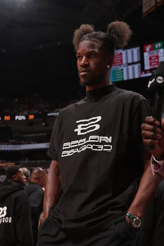 MIAMI, FL - APRIL 27: Jimmy Butler #22 of the Miami Heat talks to the media during the game against the Boston Celtics during Round 1 Game 3 of the 2024 NBA Playoffs on April 27, 2024 at Kaseya Center in Miami, Florida. NOTE TO USER: User expressly acknowledges and agrees that, by downloading and or using this Photograph, user is consenting to the terms and conditions of the Getty Images License Agreement. Mandatory Copyright Notice: Copyright 2024 NBAE (Photo by Issac Baldizon/NBAE via Getty Images)