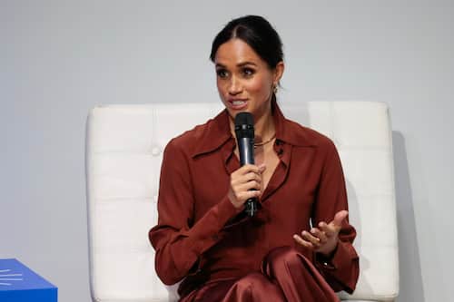 epa11550817 Duchess of Sussex, Meghan Markle, speaks during the 'Responsible Digital Future' forum at EAN University in Bogota, Colombia, 15 August 2024. The Duke and Duchess of Sussex began a four-day visit to Colombia, where they will tour different parts of the country, learn about its culture and rich biodiversity, and address current issues such as cyberbullying and online violence in schools and forums.  EPA/Carlos Ortega