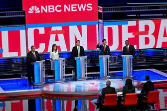 MIAMI, FL -NOVEMBER 8:  The candidates take the stage during the Republican Presidential Debate at the Adrienne Arsht Center for the Performing Arts on November 8, 2023. Left to right are former New Jersey Gov. Chris Christie, former United Nations Ambassador Nikki Haley, Florida Gov. Ron DeSantis, businessman Vivek Ramaswamy and Sen. Tim Scott of South Carolina. (Photo by Jonathan Newton/The Washington Post via Getty Images)