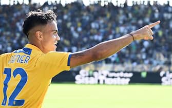 Jesus Carvalho Reinier of Frosinone celebrates after scoring 1-0 goal during the Serie A soccer match between Frosinone Calcio and Hellas Verona FC at Benito Stirpe stadium in Frosinone, Italy, 8 October 2023. ANSA/FEDERICO PROIETTI