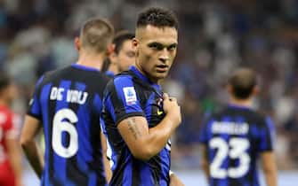 Inter Milan’s Lautaro Martinez jubilates after scoring goal of 2 to 0 during the Italian serie A soccer match between Fc Inter  and Monza Giuseppe Meazza stadium in Milan, 19 August 2023.
ANSA / MATTEO BAZZI