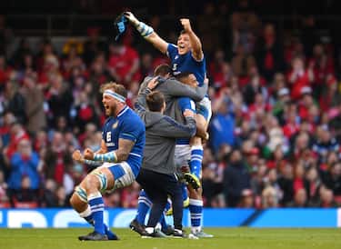 CARDIFF, WALES - MARCH 19: Juan Ignacio Brex of Italy celebrates their sides victory with team mates after the Six Nations Rugby match between Wales and Italy at Principality Stadium on March 19, 2022 in Cardiff, Wales. (Photo by Stu Forster/Getty Images)