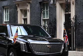 epa10737261 The US Presidential vehicle known as 'the Beast' sits outside 10 Downing Street during a meeting between US President Joe Biden and British Prime Minister Rishi Sunak in London, Britain, 10 July 2023. US President Biden is holding talks with Sunak and King Charles before heading on to the NATO summit in Lithuania.  EPA/ANDY RAIN