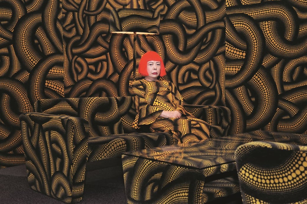 Yayoi Kusama with 'Yellow Tree / Living Room' at the Aichi Triennale, 2010 © YAYOI KUSAMA. Courtesy of Ota Fine Arts and David Zwirner