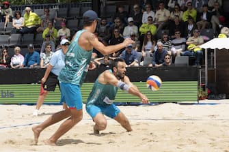 Gstaad Switzerland, 07/07/2024: Samuele Cottafava (ITA) and Paolo Nicolai (ITA) in action during final for third place of Swatch Beach Pro Gstaad 2024, Roy Emerson Arena in Gstaad.  during  Swatch Beach Volley, Beach Volley match in Gstaad, Switzerland, July 07 2024