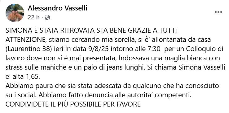Post Facebook Alessandro Vasselli