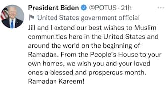 I Biden hanno fatto gli auguri alle comunità musulmane presenti negli Stati Uniti e nel mondo, in vista dell’inizio del mese del Ramadan