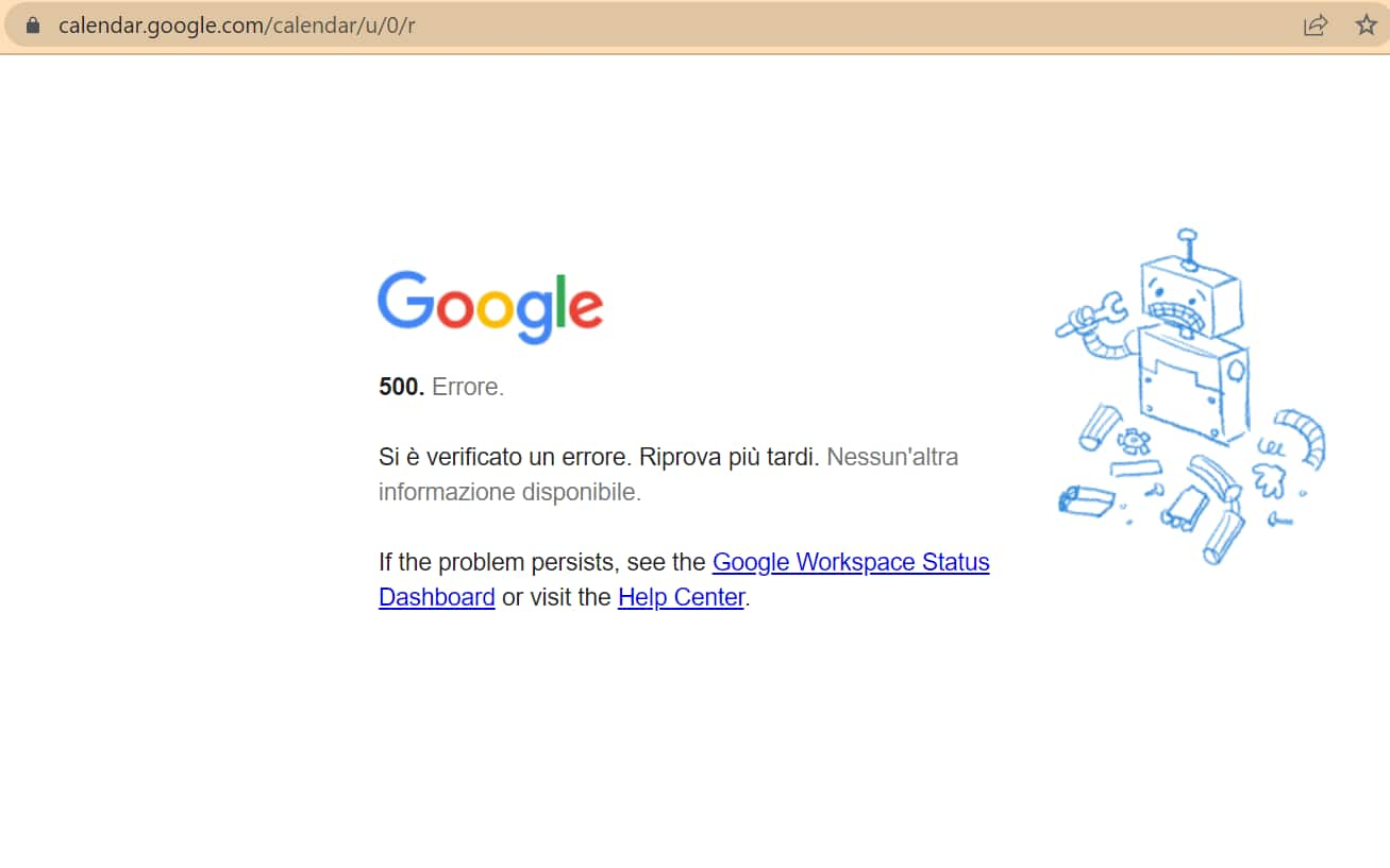 Google Calendar Down, messaggio di errore