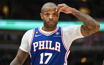 CHICAGO, ILLINOIS - OCTOBER 29:  P.J. Tucker #17 of the Philadelphia 76ers takes a breather during a game against the Chicago Bulls on October 29, 2022 at the United Center in Chicago, Illinois. Philadelphia defeated Chicago 114-109.  NOTE TO USER: User expressly acknowledges and agrees that, by downloading and or using this photograph, User is consenting to the terms and conditions of the Getty Images License Agreement.  (Photo by Jamie Sabau/Getty Images)