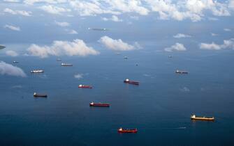 Aerial view of ships in the ocean. Panama, Central America.