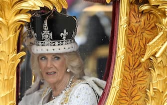 Queen Camilla departs Westminster Abbey, London, following her Coronation alongside King Charles III. Picture date: Saturday May 6, 2023.