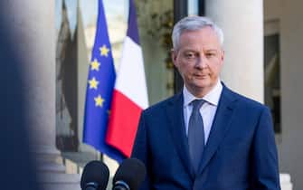 French Economy Minister Bruno Le Maire speak at a press conference at the Elysee Palace following a National Defense and Security Council devoted to the aftermath of the Russian invasion of Ukraine in Paris on February 28, 2022.