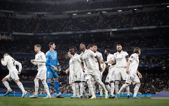 MADRID, SPAIN - MARCH 15: Real Madrid players pose for a team photo during the UEFA Champions League round of 16 leg two match between Real Madrid and Liverpool FC at Estadio Santiago Bernabeu on March 15, 2023 in Madrid, Spain. (Photo by Ryan Pierse - UEFA/UEFA via Getty Images)
