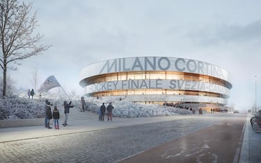 Rendering della nuova arena Milano Santa Giulia per le Olimpiadi di Milano Cortina 2026, 10 marzo 2022.The new Arena for Milan outside - Copyright Onirism Studio