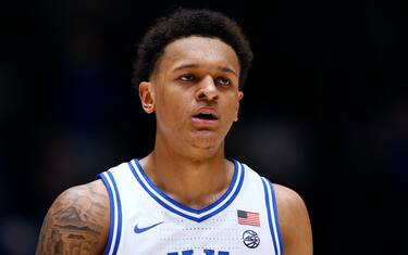 DURHAM, NORTH CAROLINA - NOVEMBER 22: Paolo Banchero #5 of the Duke Blue Devils looks on during their game against the Citadel Bulldogs at Cameron Indoor Stadium on November 22, 2021 in Durham, North Carolina. (Photo by Grant Halverson/Getty Images)