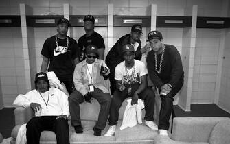 Rapper and producer Dr. Dre (Andre Romell Young) of N.W.A., rapper Laylaw (Larry Goodman) of Above The Law, rapper The D.O.C. (Tracy Lynn Curry) (back), Ice Cube (O’Shea Jackson), Eazy-E. (Eric Wright), MC Ren (Lorenzo Jerald Patterson) and DJ Yella (Antoine Carraby) of N.W.A. (front) poses for photos before their performance during the ‘Straight Outta Compton’ tour at Kemper Arena in Kansas City, Missouri in June 1989.  (Photo By Raymond Boyd/Getty Images)