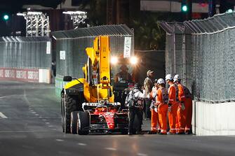 LAS VEGAS, NEVADA - NOVEMBER 16: The car of Carlos Sainz of Spain and Ferrari is removed from the circuit after stopping on track during practice ahead of the F1 Grand Prix of Las Vegas at Las Vegas Strip Circuit on November 16, 2023 in Las Vegas, Nevada. (Photo by Chris Graythen/Getty Images)