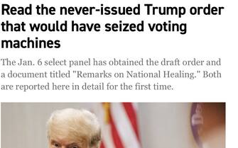 Tra i documenti del 6 gennaio che i legali di Donald Trump hanno cercato di nascondere c’è la bozza di un ordine esecutivo del presidente che avrebbe dato al segretario alla Difesa pieni poteri per sequestrare le macchine elettorali utilizzate per l’Election Day. Lo riporta Politico