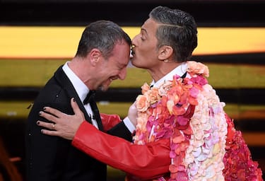 Sanremo Festival host and artistic director, Amadeus, and Italian showman Rosario Fiorello (R) on stage at the Ariston theatre during the 71st Sanremo Italian Song Festival, Sanremo, Italy, 02 March 2021. The festival runs from 02 to 06 March.    ANSA/ETTORE FERRARI